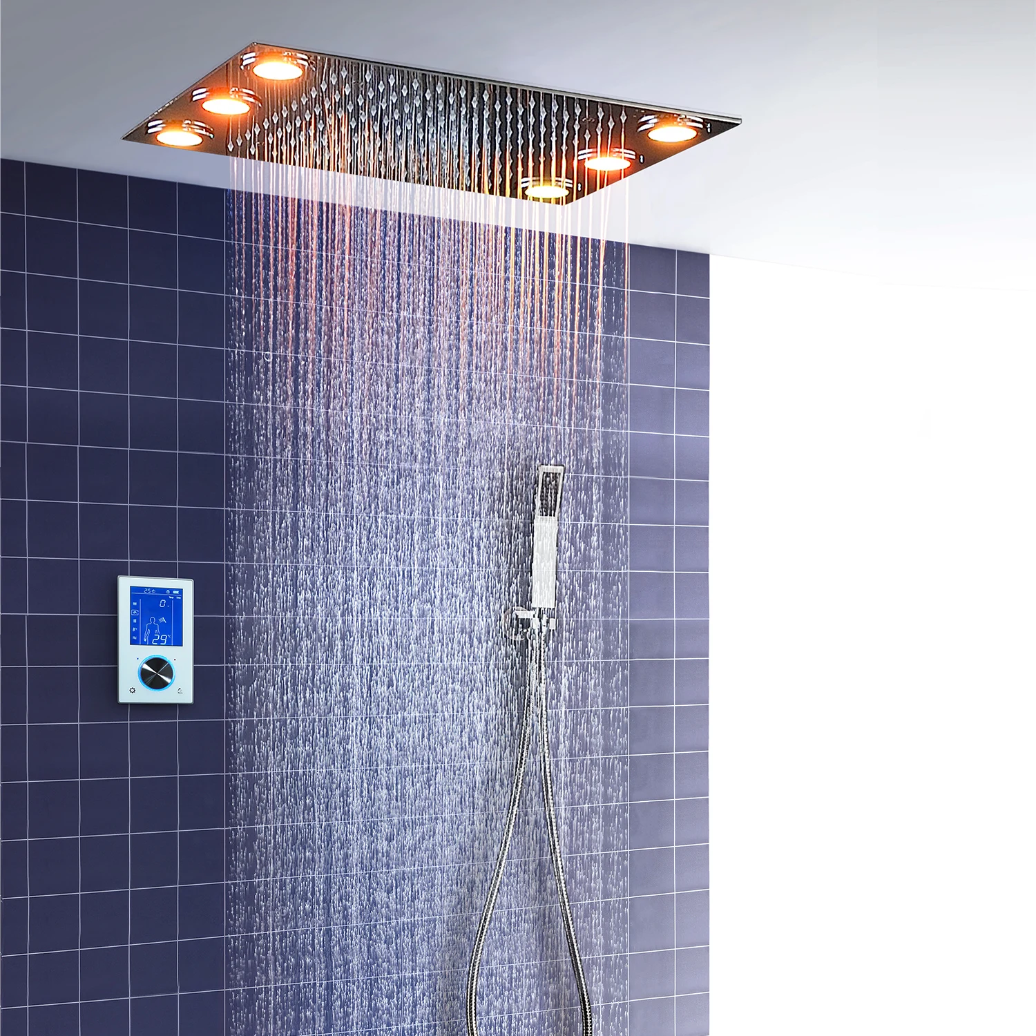 Thermostatic digital Shower Mixer Set Ceiling Rainfall LED Bathroom System Hand-held head chrome