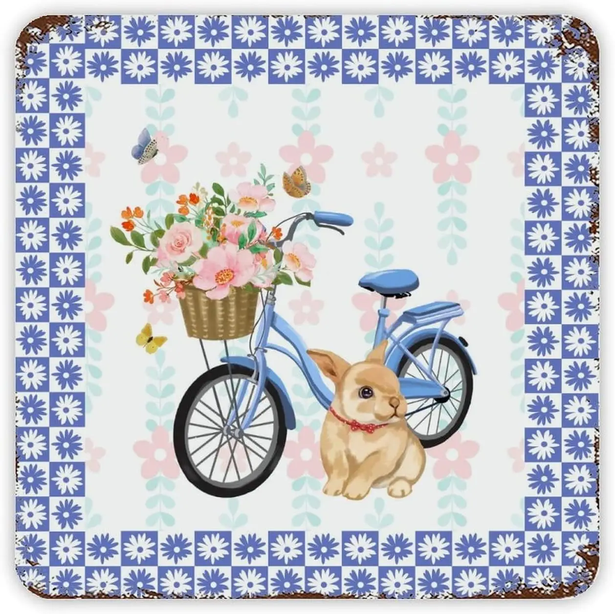 

Bike with Basket Pink Rose Tin Plaque Blue Flower Print Metal Plaque Rust Unique Drinking Sign Summer Holiday Artwork