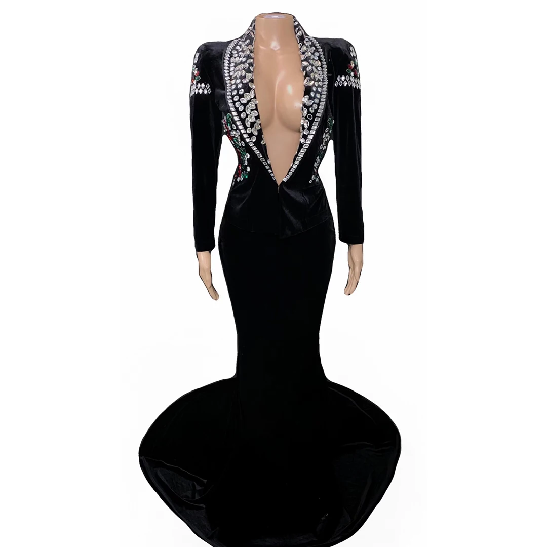 Luxury Velvet Rhinestone Mermaid Maxi Dress 2Pieces Set Women Deep V Neck Sparkly Crystal Formal Evening Prom Gown Suixizuang