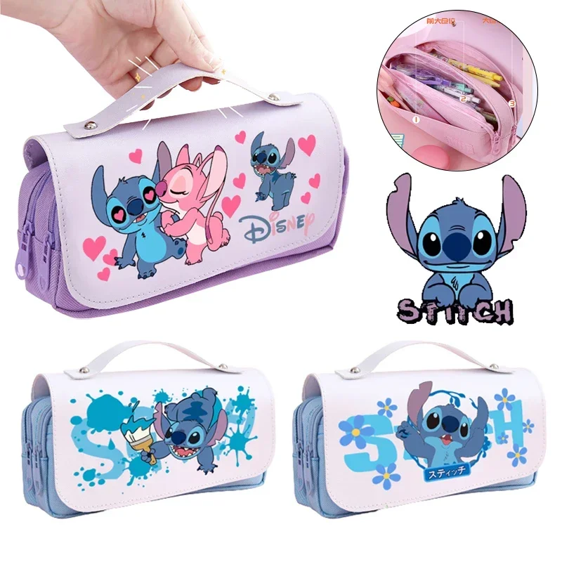 Disney Stitch-estuche de lápices portátil de dibujos animados, bolsa de almacenamiento de papelería impermeable de gran capacidad de 3 capas, con cremallera, para estudiantes