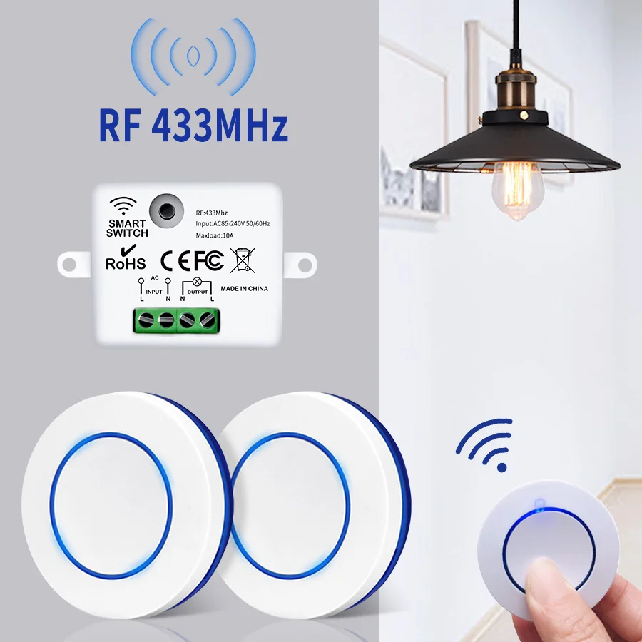 433MHz Wireless Remote Control Light Switch 10A Relay Controller Mini Round Button Wall Panel Switch For Lighting Led