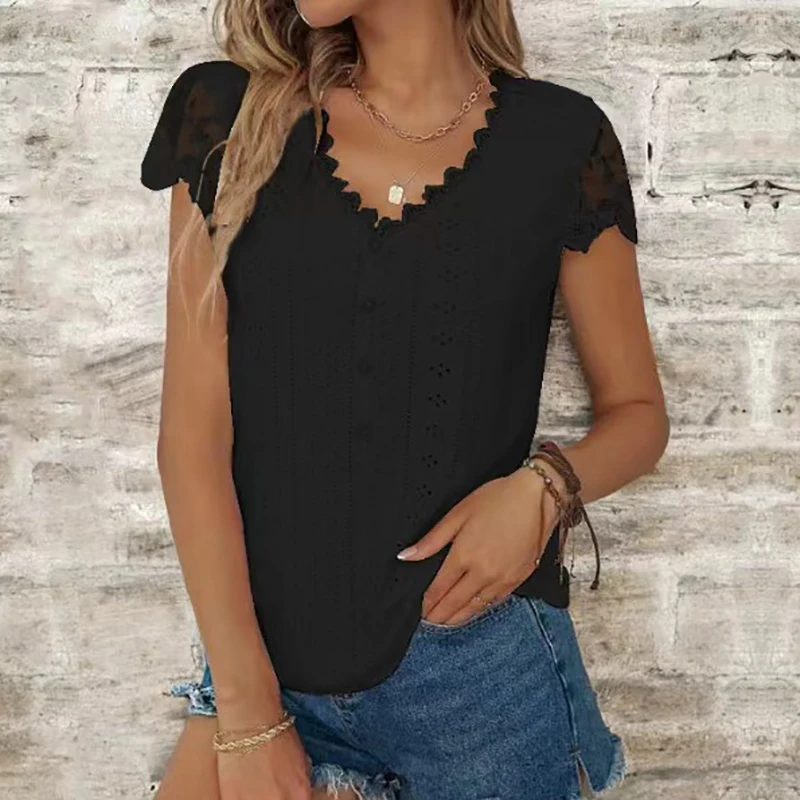 Frauen Sommer Mode V-Ausschnitt Spitze Hemd Frauen Kurzarm T-Shirts lose T-Shirts lässig weiß grün Hemd für Frauen 2024