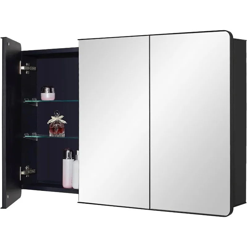 Black Bathroom Medicine Cabinet with Round Corner Framed Door, , Recessed or Surface Mount, with Adjustable Glass Shelves