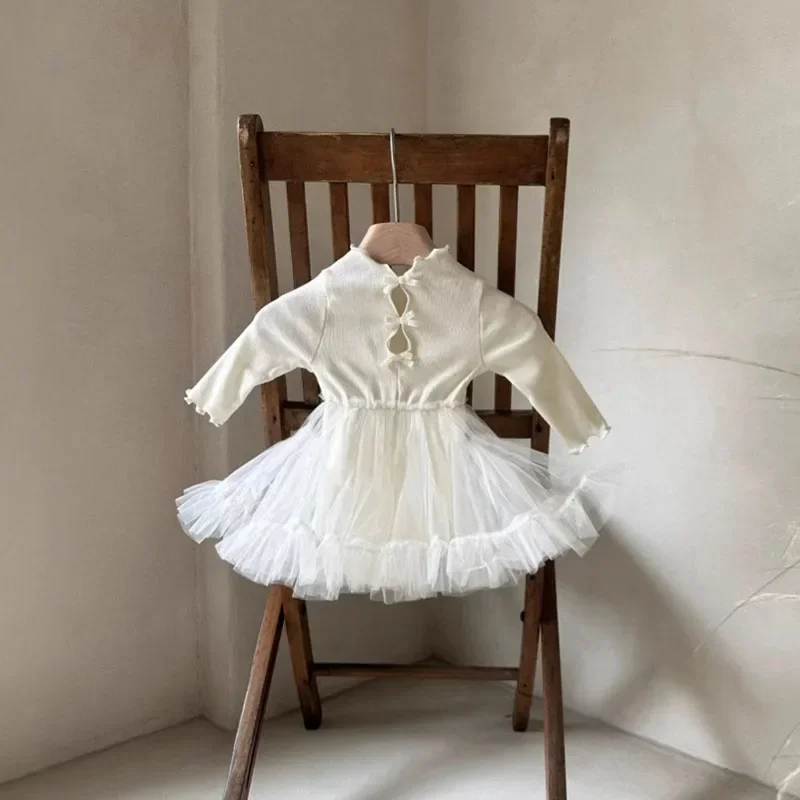 New Spring Girls Dress 0-24M Baby Cute Solid Color Bow Bodysuit Infant Outwear Splicing Mesh Skirt