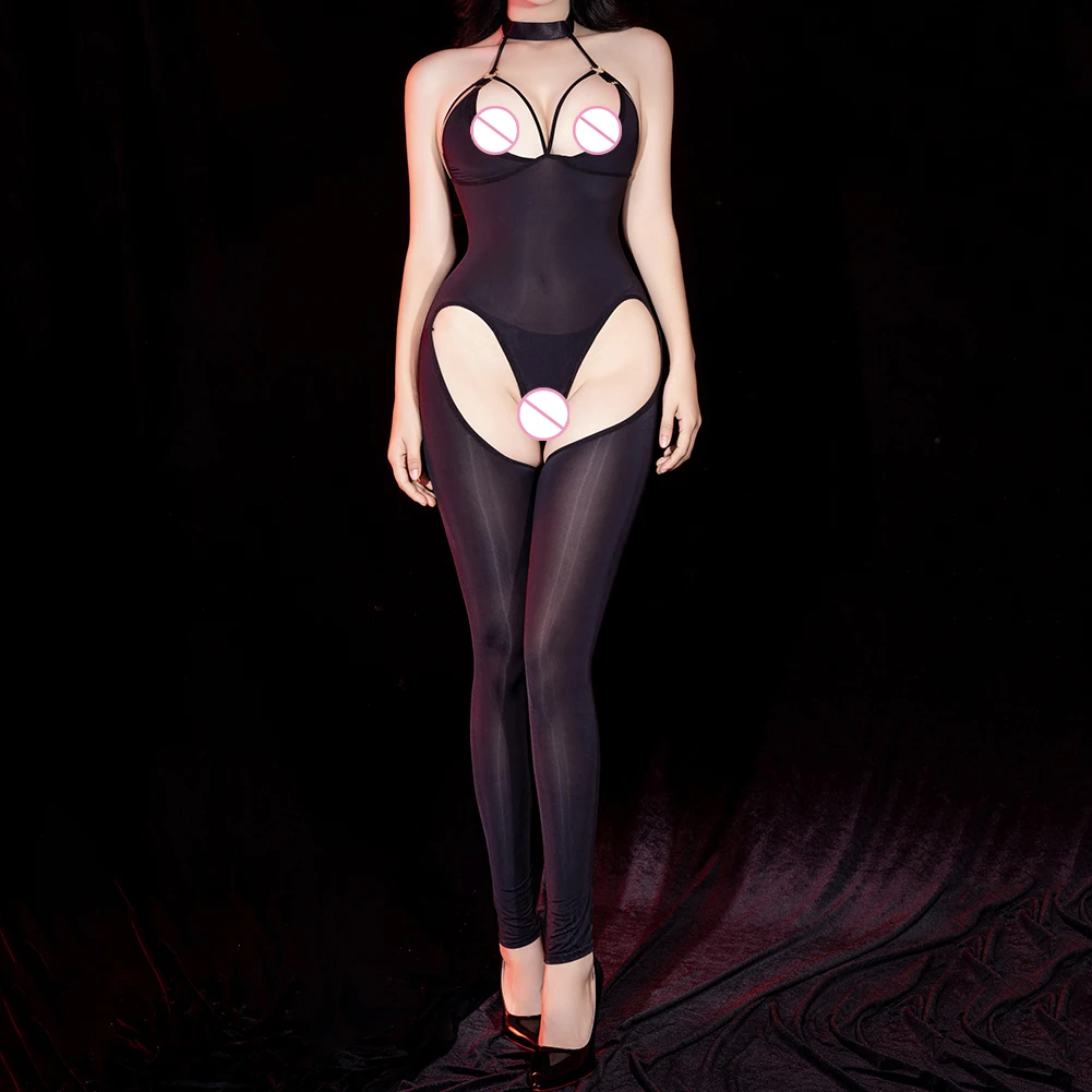 الدانتيل يصل مثير ارتداءها العلامة التجارية الجديدة تصميم جوفاء لامعة الملمس طفيف تمتد بلون أسود نوم للاستخدام المنزلي #3