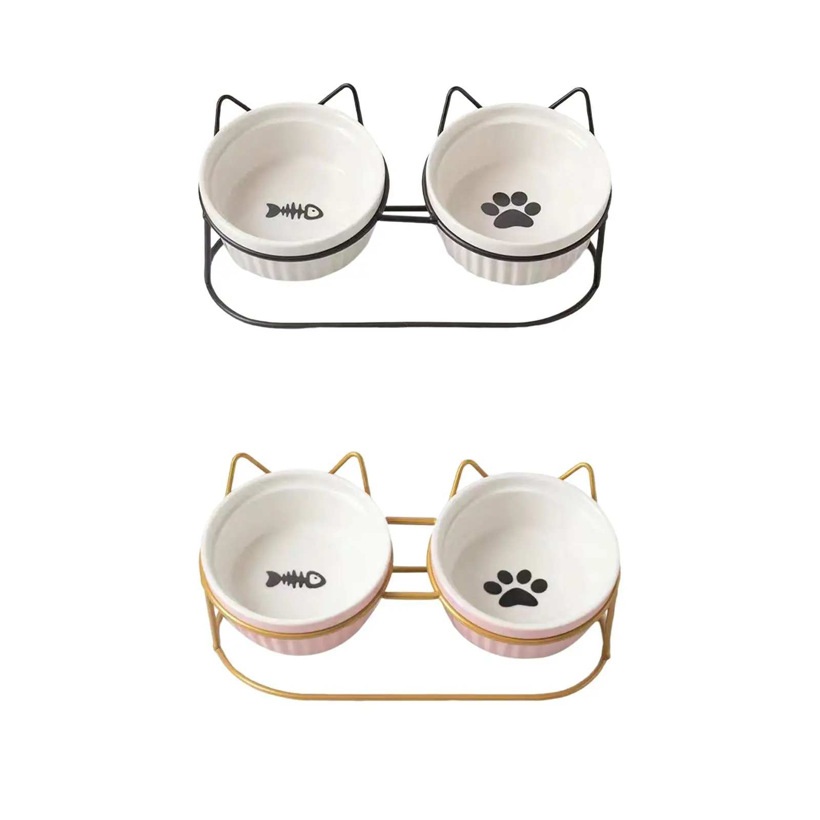 Ceramic Double Cat Dog Bowl Separable Raised Cat Dish with Iron Holder Shelf Non