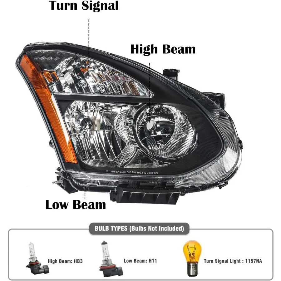 مجموعة المصابيح الأمامية لاستبدال المصابيح الأمامية نيسان روج هالوجين 2008-2013، مصباح أمامي غير مخفي، زاوية كهرمانية سوداء