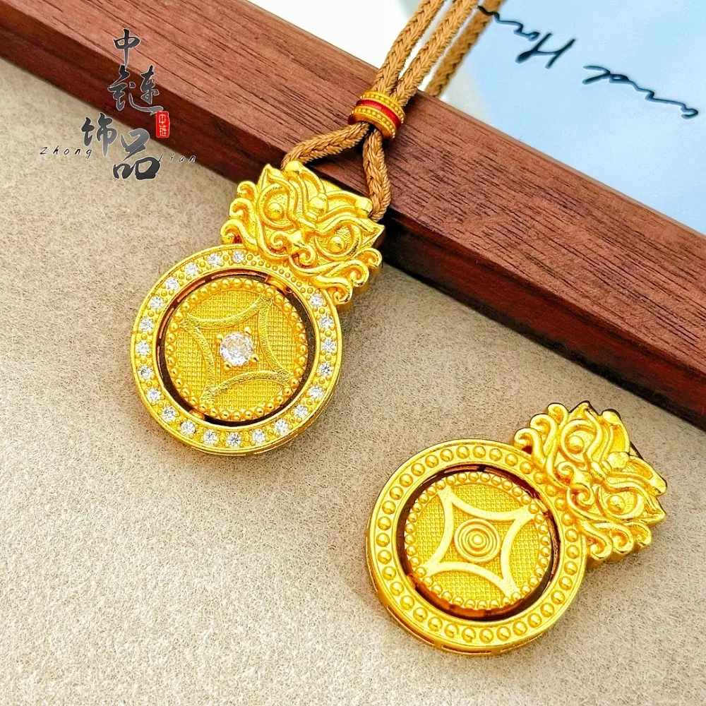 Set with diamond rotating coin pixiu pendant new Chinese fortune pixiu Guofang 9999gold