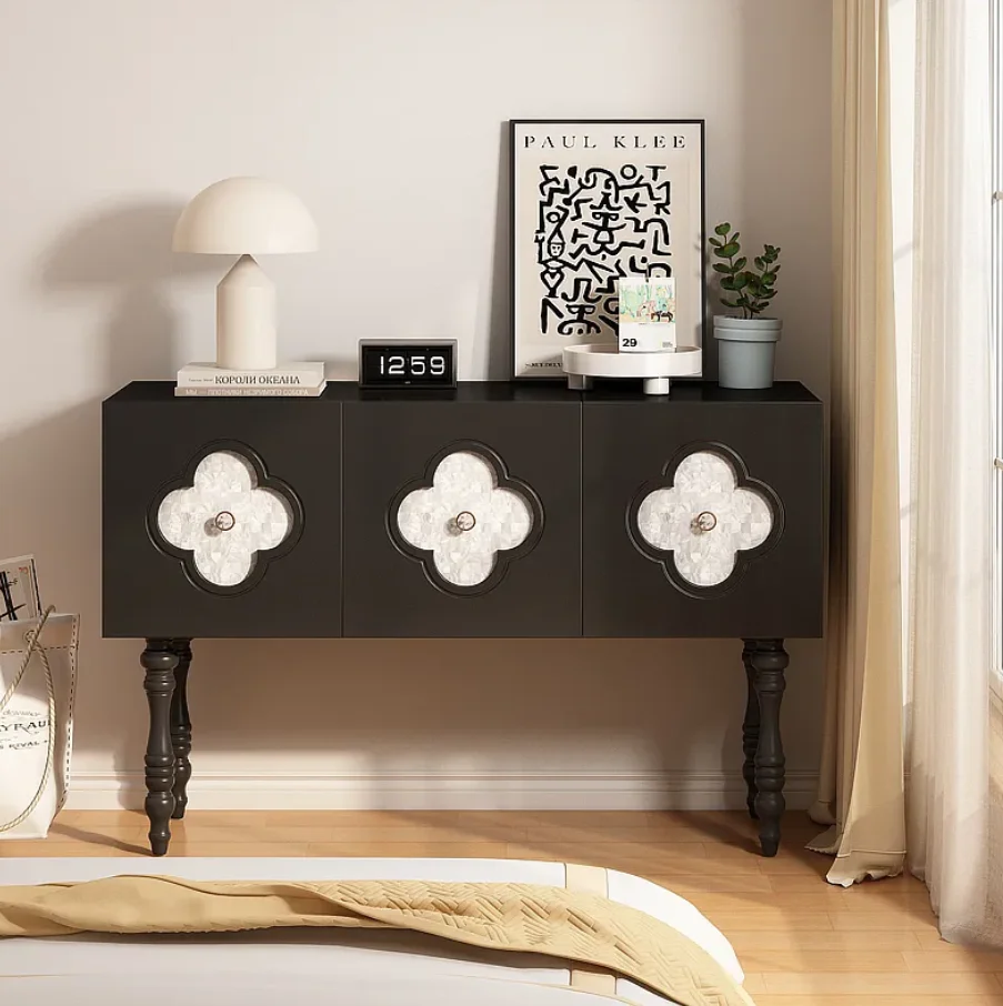 

#French-style Black Solid Wood Modern Entryway Cabinet Living Room Hallway Partition Entrance Screen Storage Table Space-Saving