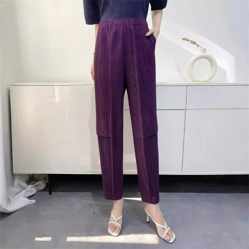 2024 New Women's Pants Loose Solid Color Splicing Design Folded Small Leg Haren Pants Fashionable Quarter Pants