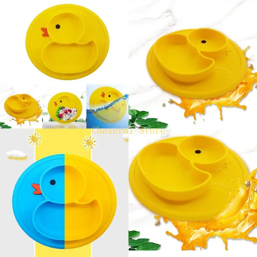 

E7CE Baby Divided Plate Self-Feeding Practice Cartoon Duck Bowl Kids Silicone Utensil
