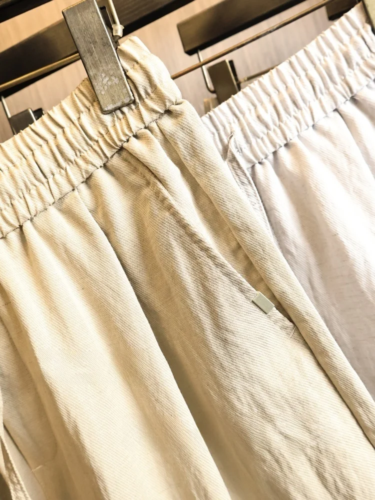 Linen Blend Comfortable Elastic Waist Men's  Color Summer Casual Shorts Breathable Fashionable Straight Leg Pants