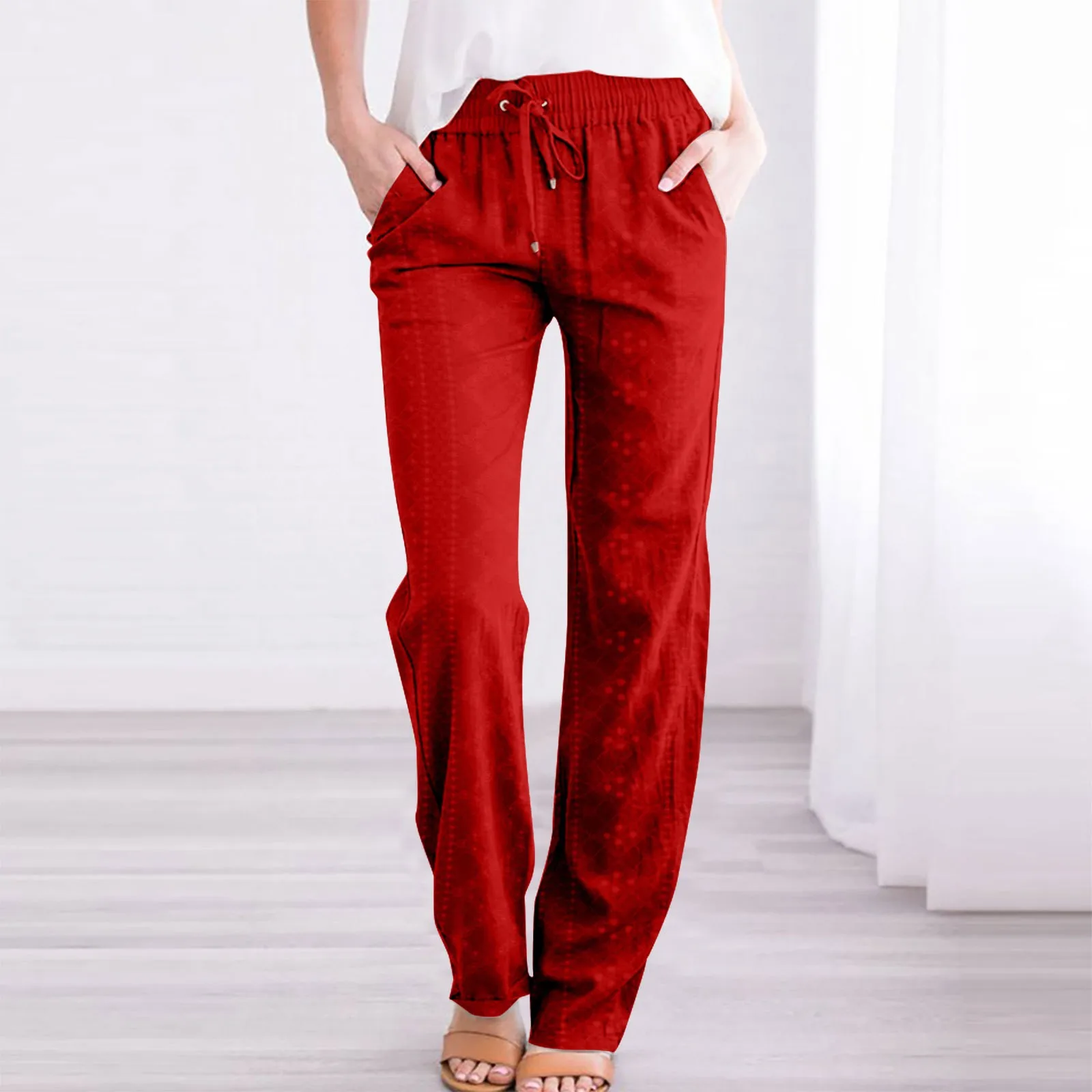 Spring Summer Casual Pants Women's Jacquard Drawstring Loose Wide-Leg Pants Hot Sale Long Trousers With Pocket Ladies Bottom