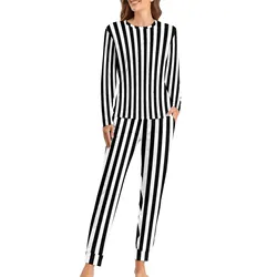 Black White Striped Pajamas Lady Vertical Lines Print Fashion Home Suit Autumn 2 Pieces Casual Oversized Pajama Sets