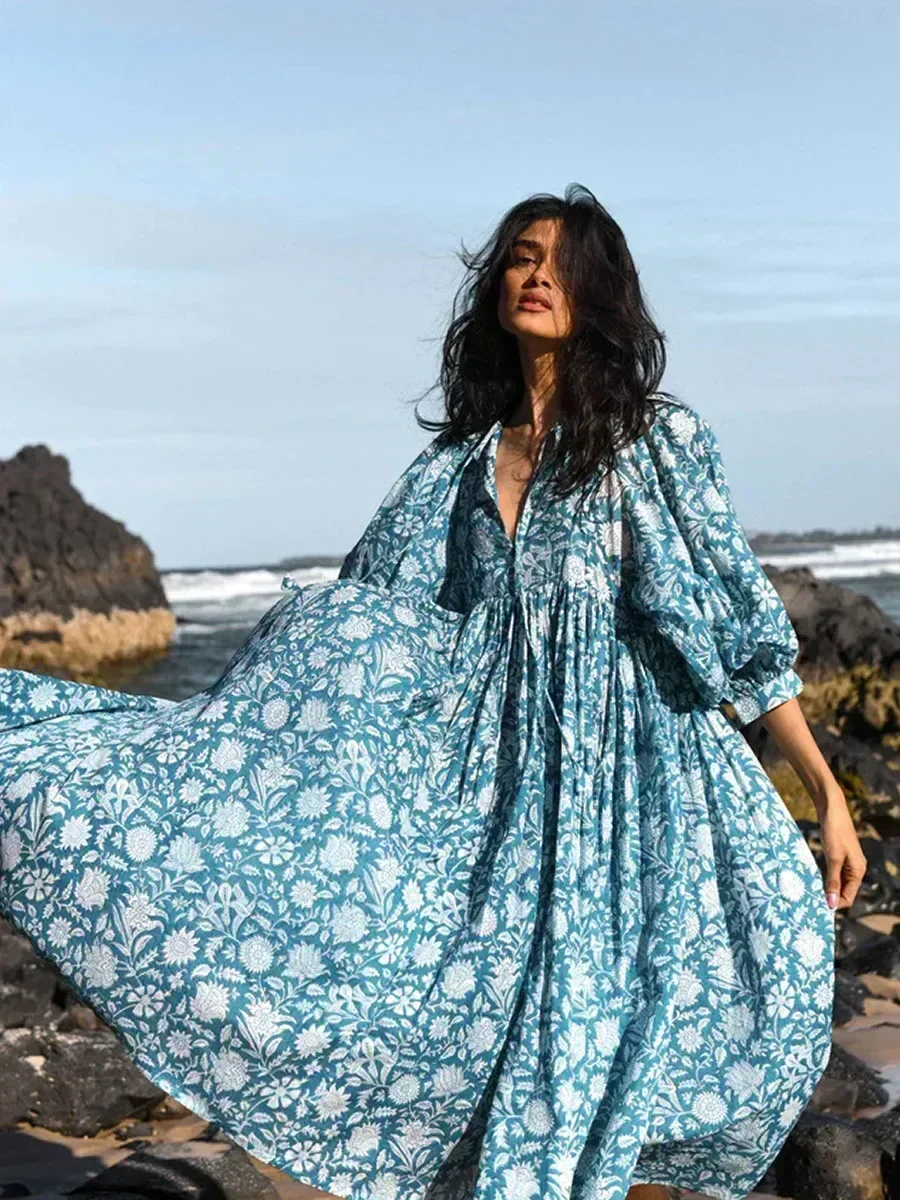 

2024 Spring Oversized Holiday Dress V Collar Half Sleeve Loose Midi Dress Large Size Casual Printing Long Dress Boho Vestidos