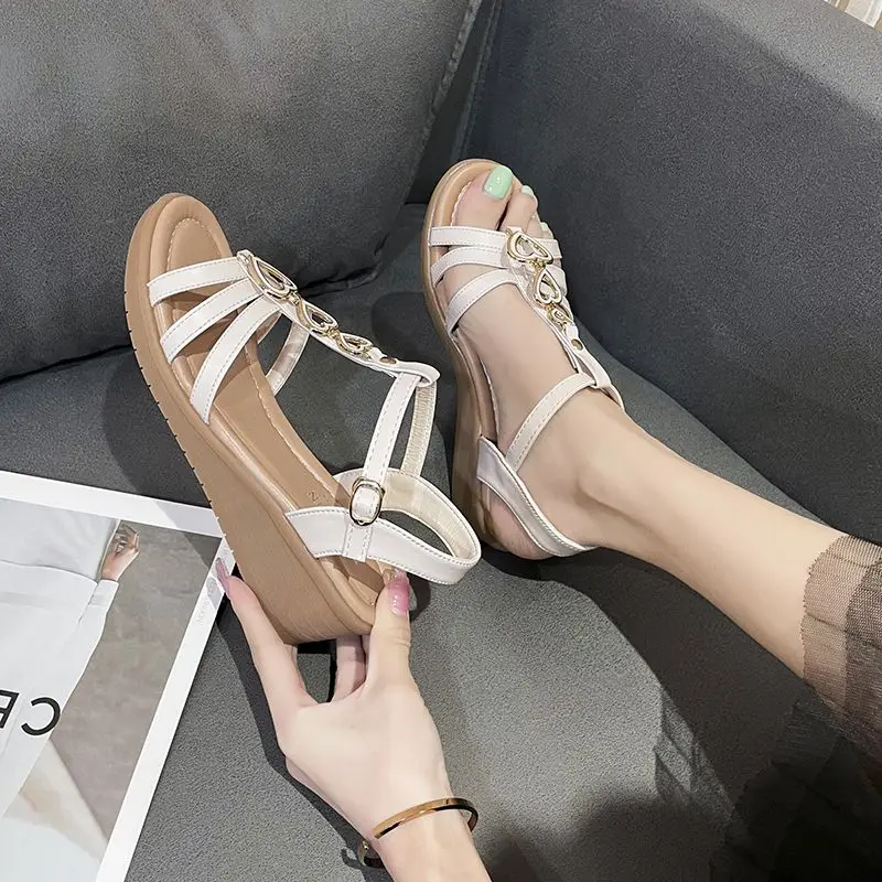 Sandals for Woman Wedges Heel Footwear Beach Women\'s Shoes with Medium Heels Summer 2024 Outdoor Beige Asian Size Vintage Luxury