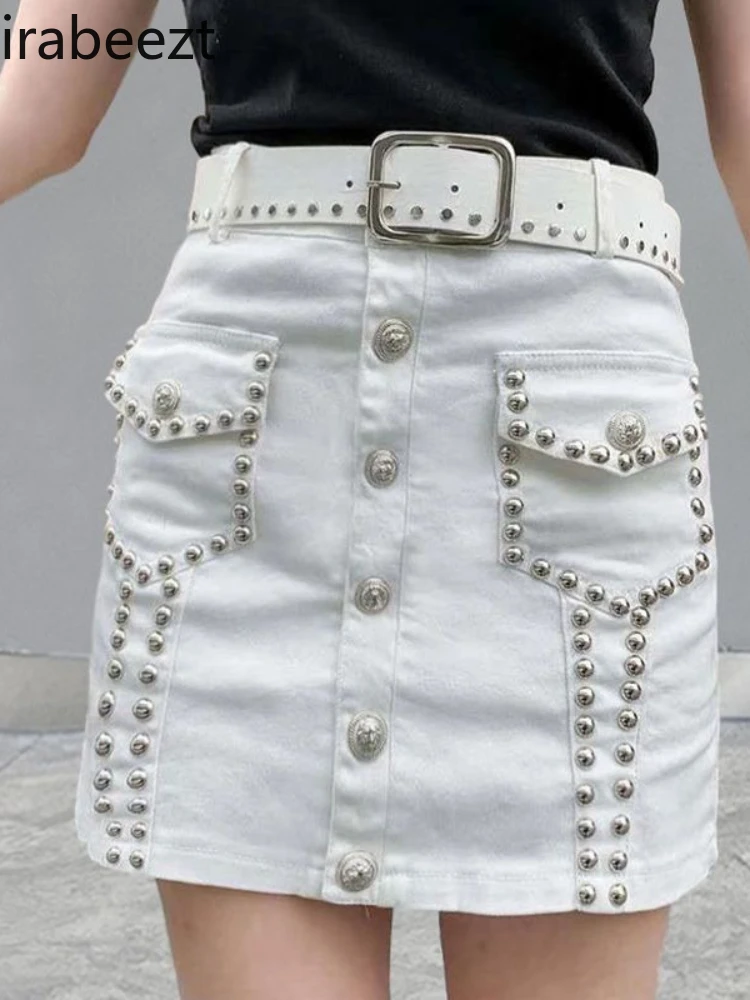 

Summer Denim Mini Skirt Women's Fashion Studded High Waist Slim Fit Stretchy Short Skirt with Anti-Slip Lining Casual Streetwear