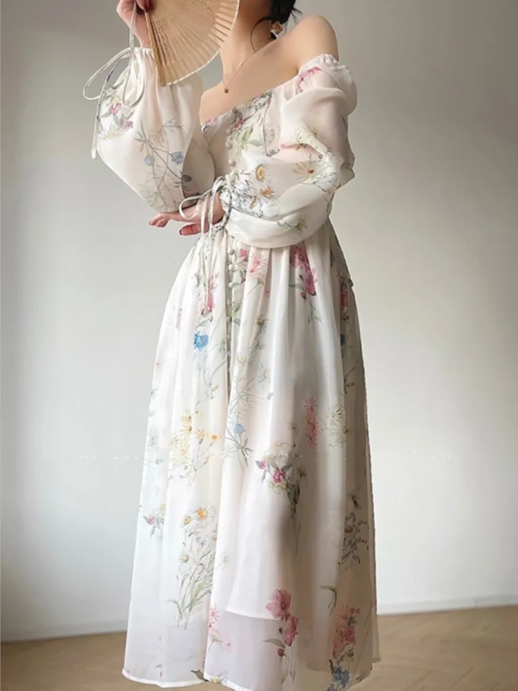 Vestido largo de fiesta de noche de Vinatge francés para mujer, vestido de princesa Floral de línea a, manga de linterna, primavera y verano, bata