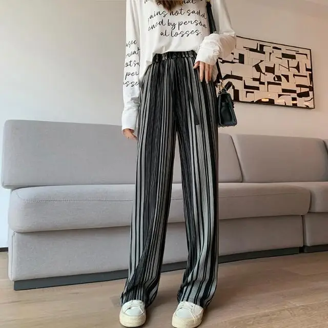 American Casual Pants Women's High Street Design Niche Striped Pleated Style Wide Leg Sports Pants Hanging Down Floor Pants