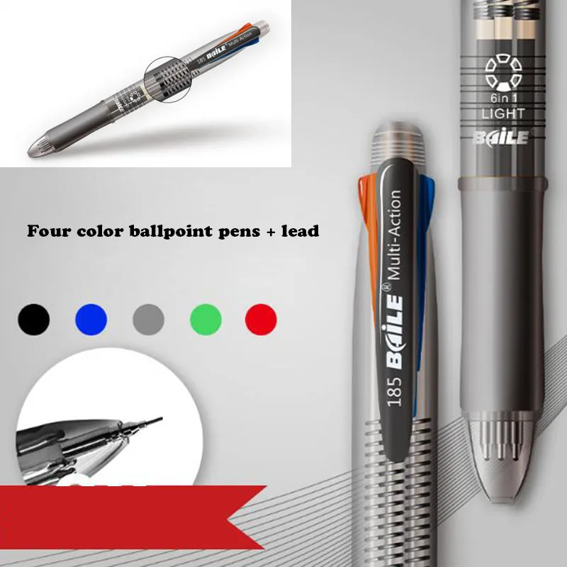 

5-In-1 Multi-Function Ballpoint Pen Four Colors 0.7mm Ballpoint Pen + 1 Piece 0.5mm Automatic Pencil Office Learning To Write