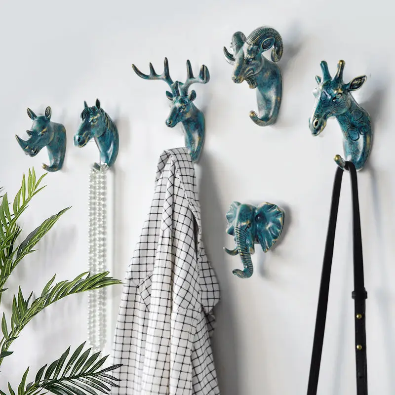 Vintage koń Plating Resin Process Free Punch Hooks Animal Key Wall Hanging Hook Deer Horns Hanger Rack Wall Home Decoration
