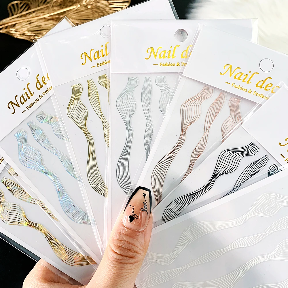 1pc 3D Holographic Wave Lines Nail Sticker French Metal Stripe Manicure Sliders DIY Self Adhesive Decal For Nail Art Decorations