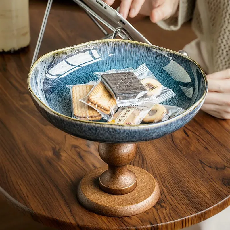 

Vintage Kitchen Wooden High Footed Fruit Tray Ceramic Snack Storage Tray Housewarming Joy Household Fruit Storage Plate ZI80