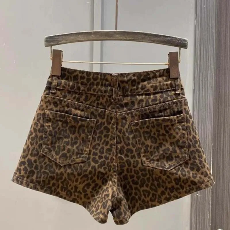 Leopard Print High Waist Denim Shorts Women's New Irregular Fashion Wide-leg Pants Summer Booty Jeans Mini Shorts Streetwear