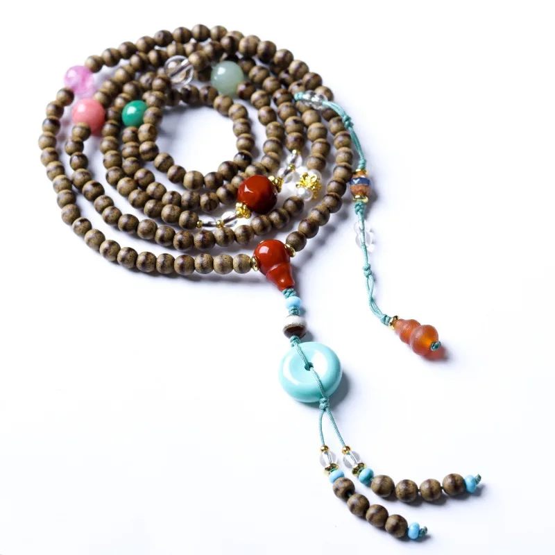 Multi Wrap Butter Agarwood Bracelet with Magnesite Turquoise Peace Buckle Buddhist Prayer Beads Gifts