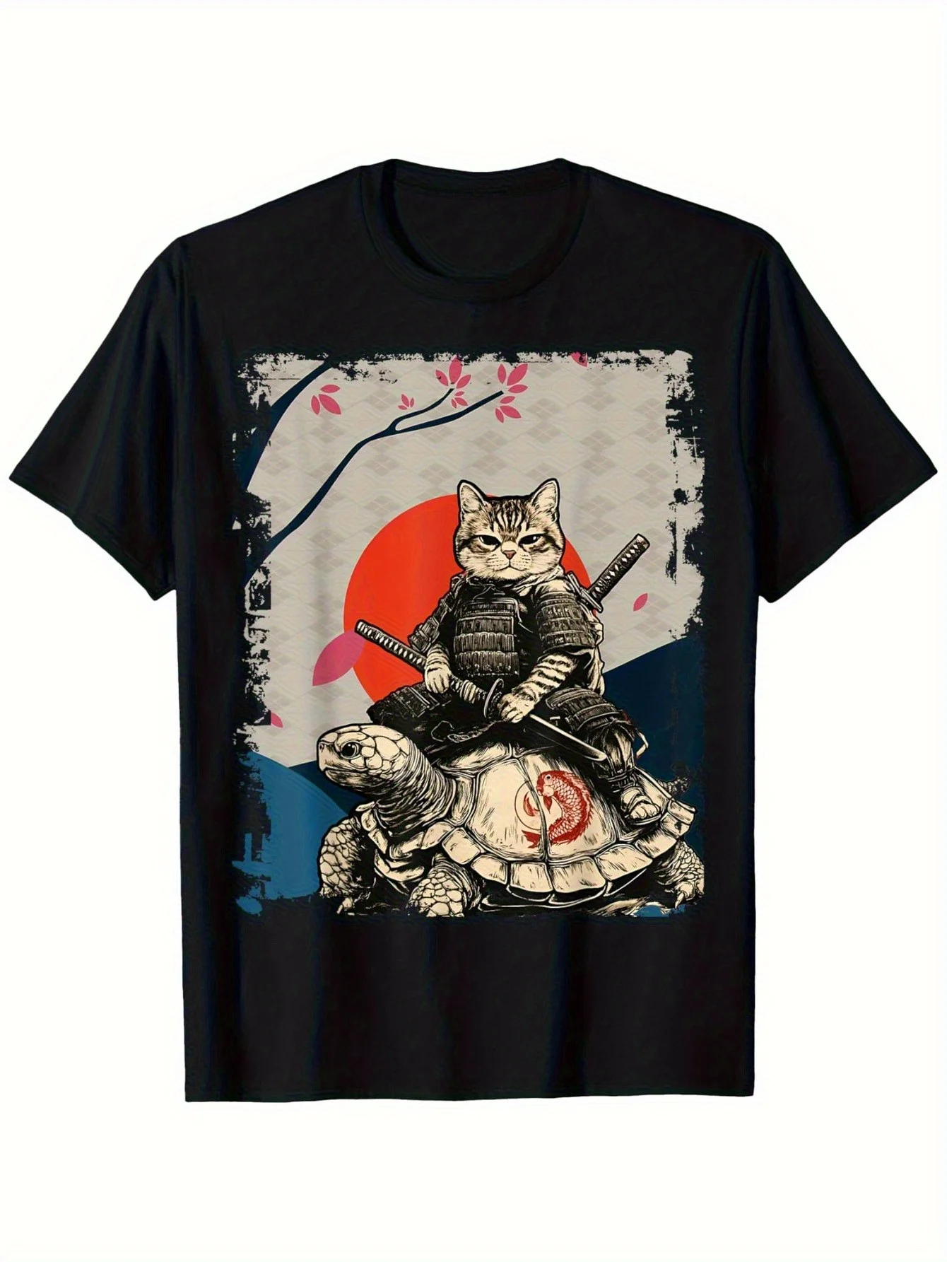 

Мужская хлопковая повседневная футболка с японским рисунком «Самурайский кот верхом черепахи» и круглым вырезом
