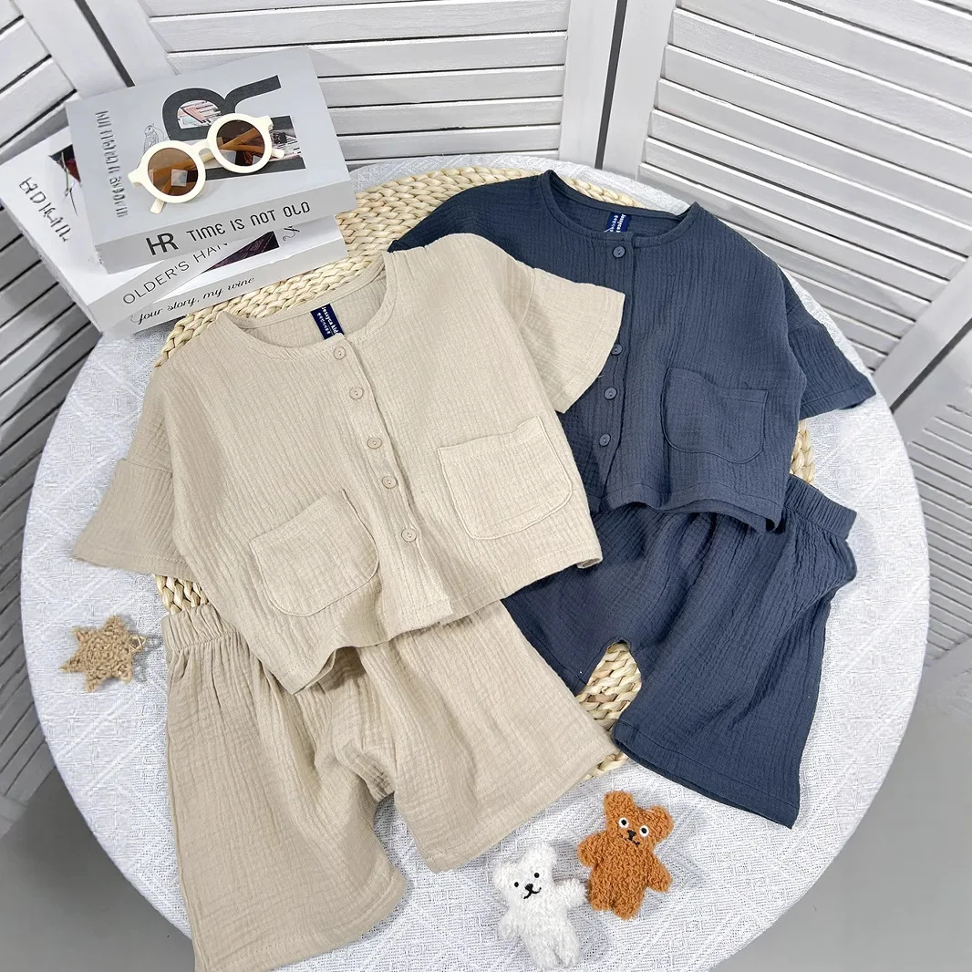 Children's Summer Clothing Korean New Suit Retro Mori Cotton and Linen Wrinkled Single-breasted Loose Boys and Girls Casual Suit