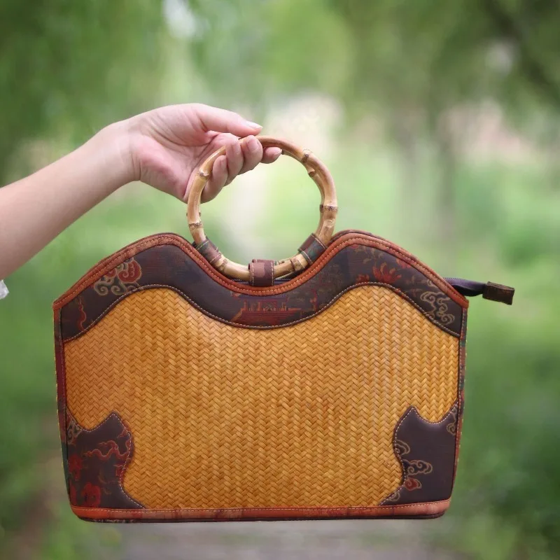 Lacquer Bamboo Woven Handbag Bamboo Handle Tea Storage Bag Portable Women Daily Carry Hand Tote Organizer