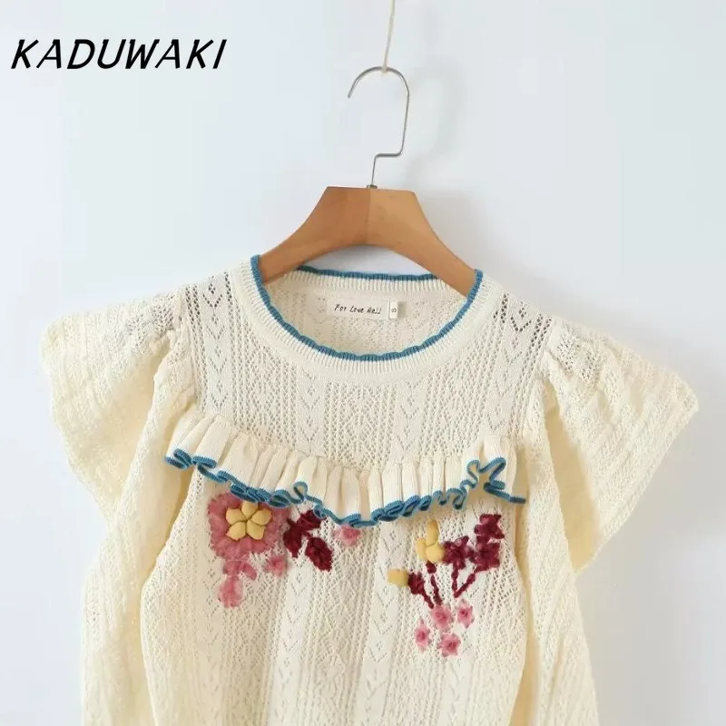 KADUWAKI Fashion Sweet Round Neck Long Sleeve Hand-decorated Wooden Ear Hem Sweaters Casual Fall Cute Versatile Campus Pullovers