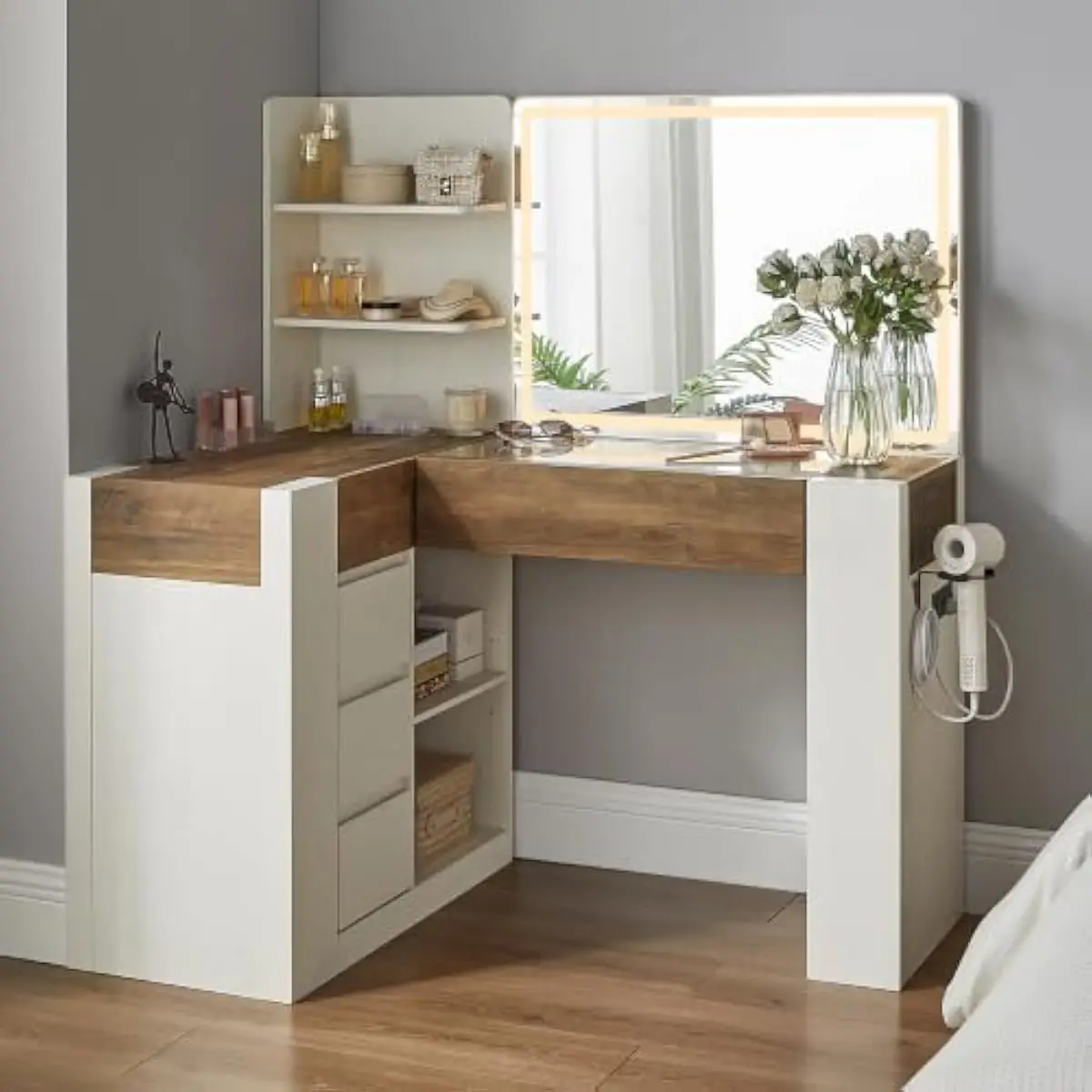 48 Inch L Shaped Vanity Desk Featuring HD Mirror with Three Color Temperature Lighting Adjustable Brightness Engineered Wood Fra