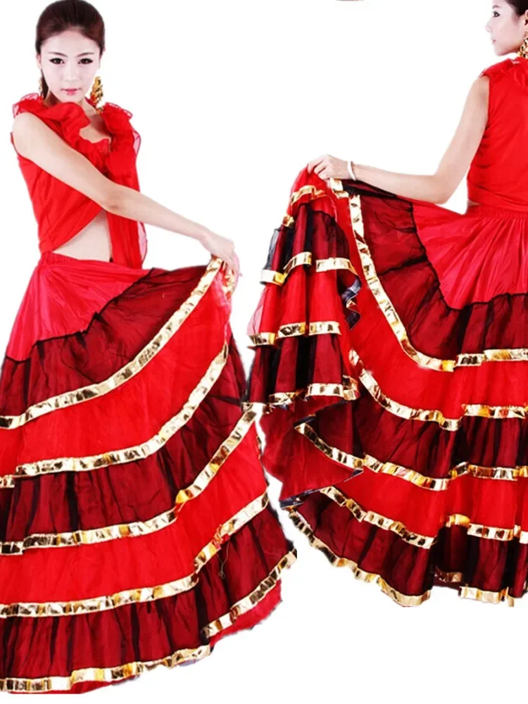 Women Ballroom Spanish Flamenco Dance Skirt Red Dancer Fancy Dress Costume Belly Dancing Skirts 360/540/720 Degree