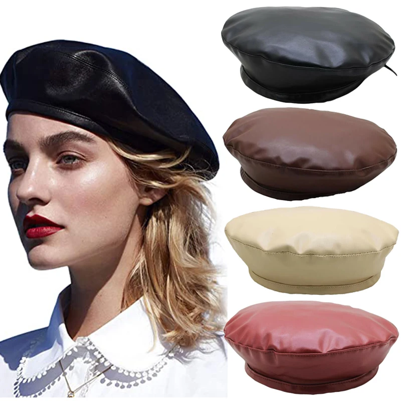 Vintage PU Leather Berets Hat Female Autumn Winter Beanie Hat Casual Elegant Party Outdoor Plain Painter Hat for Women