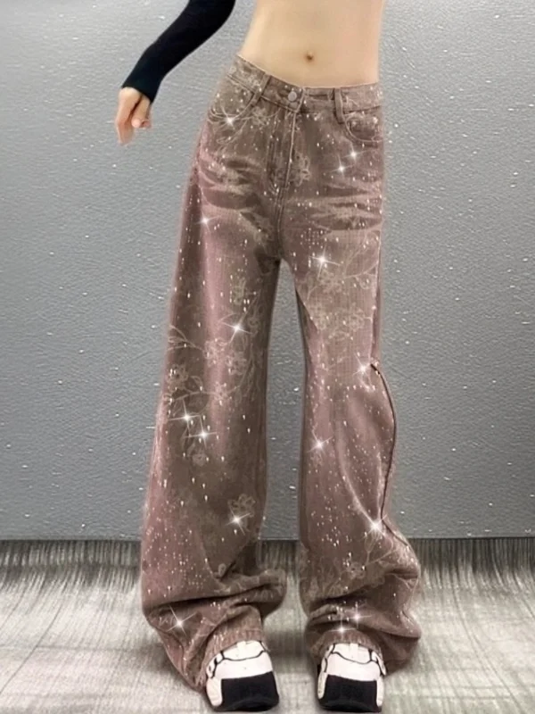 

Весенние женские джинсы с высокой талией, свободные, широкие, с принтом и стразами, джинсовые брюки с эффектом похудения, удобная посадка