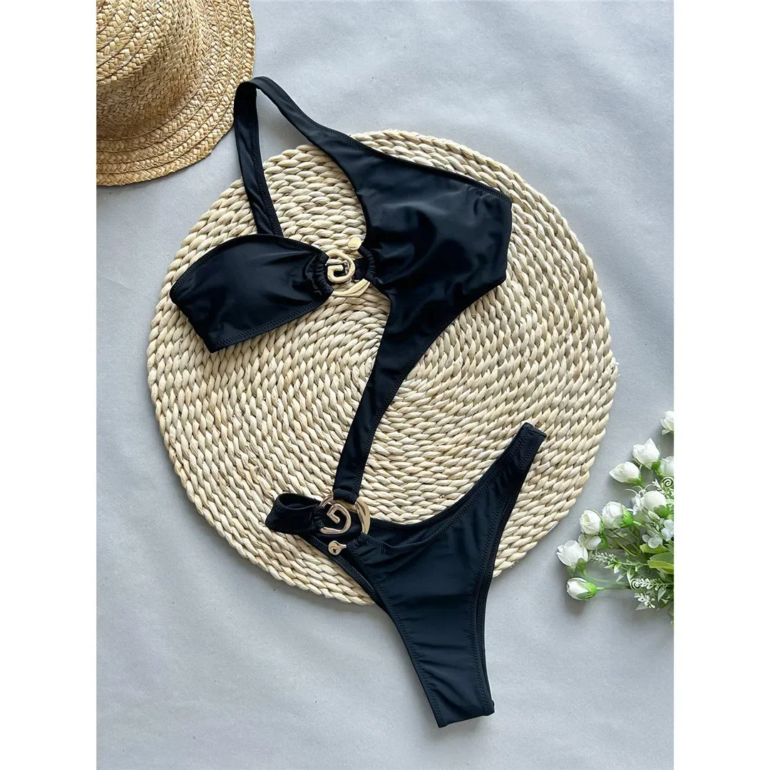 Asymmetric One Shoulder Cut Out Women Swimwear One Piece Swimsuit Female Metal Ring High Leg Cut Bather Bathing Suit Swim K5763