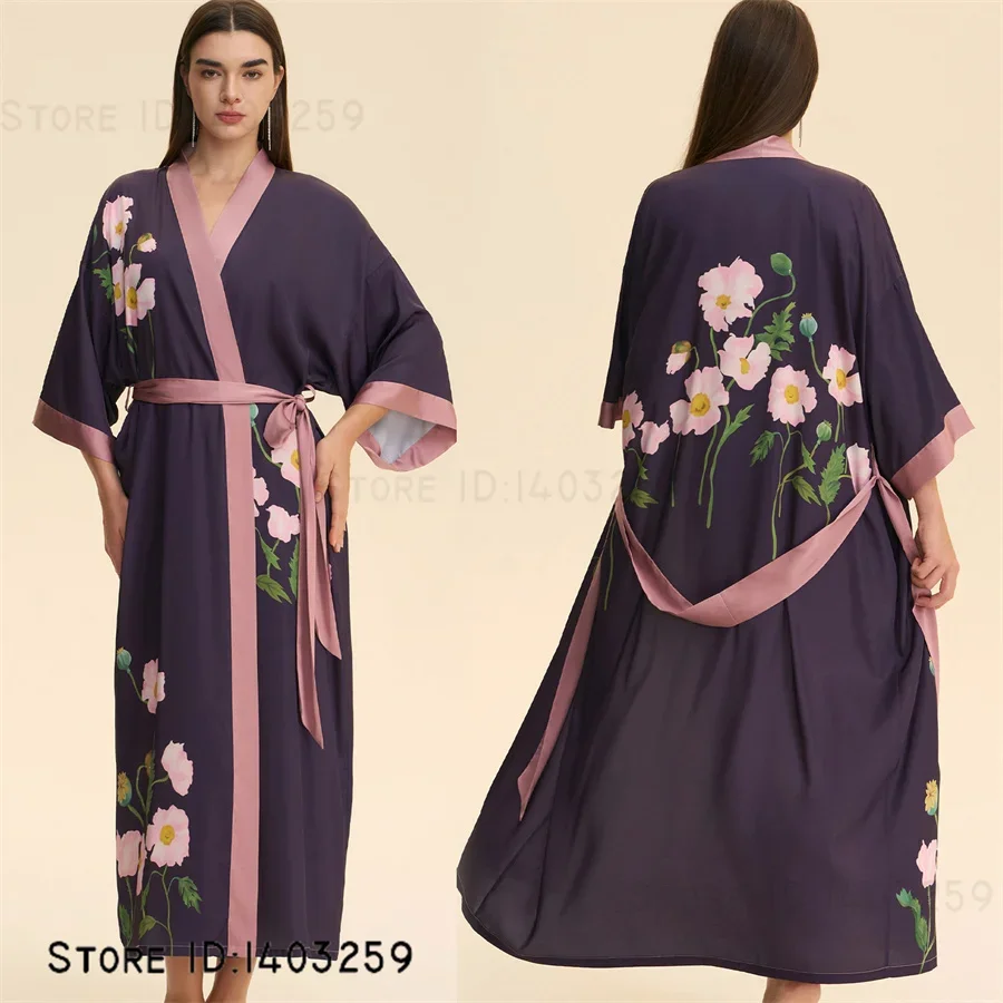 طباعة زهرة الإناث رداء طويل ملابس خاصة فستان سهرة مثير الحرير الجليد كيمونو البشكير ثوب فضفاض ملابس منزلية غير رسمية المتسكعون الملابس الداخلية