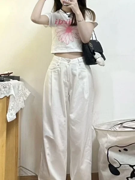 White White Pleated Straight Leg Denim Jeans Women's plus Size High Waist Slimming Drapey Wide Leg Pants Autumn New Arrival - Aliexpress Deal