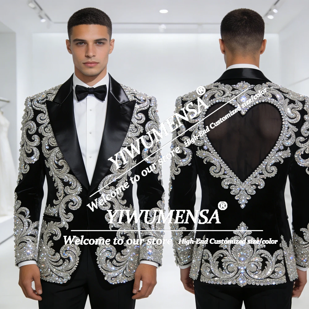 

Exquisite Rhinestones Beaded Suits Men Slim Fit Satin Label Prom Blazers Customized Man Banquet Wedding Groom Tuxedos Plus Size