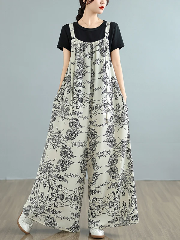 

Женский летний комбинезон Sli большого размера с V-образным вырезом, винтажный, повседневный, с широкими штанинами, свободного кроя, визуально стройнящий