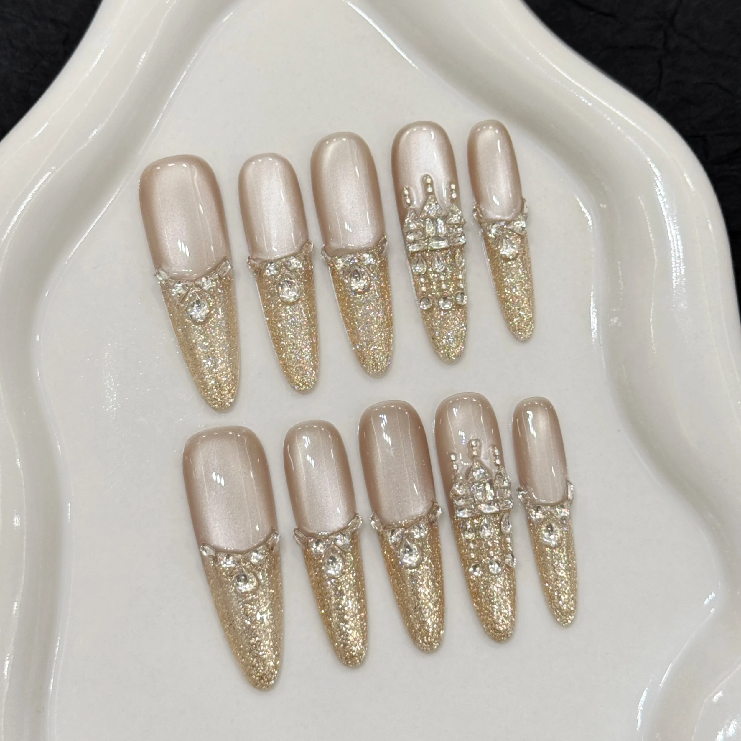 

10Pcs Super Long Almond Handmade Press on Nails With Glitter Rhineston Gold Shiny Power French Fake Nails Gothic False Nail Tips
