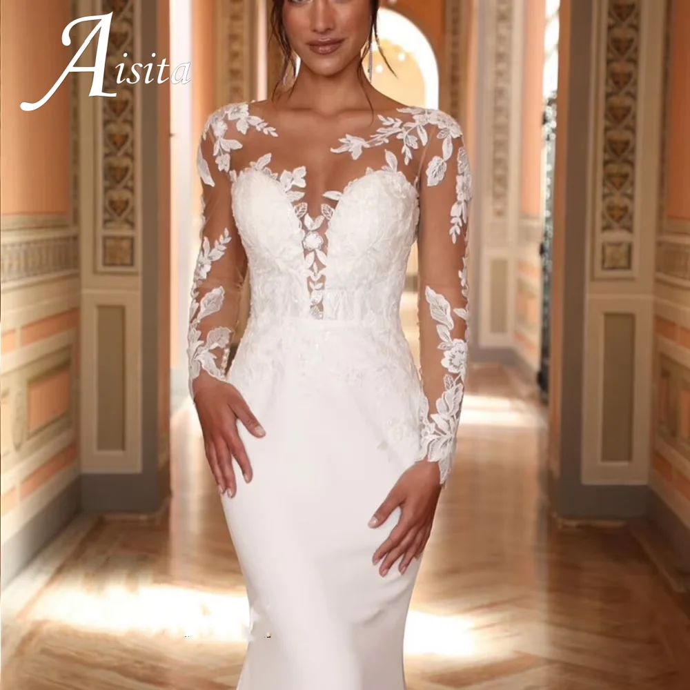 Wedding Dresses for Women O-Neck Lace Appliques Long Sleeves Mermaid Backless Button Bridal Gown Robe De Mariee Customised
