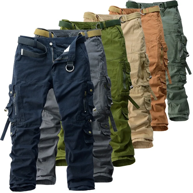 Men Loose Straight Cargo Pants Multi Zipper & Button Pockets Cotton Blend Fabric Work Trousers For Outdoor Hiking Work Daily