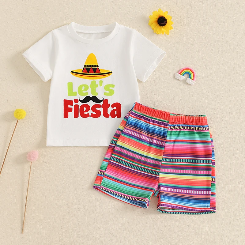 

0-3T Toddler Baby Boy Summer 2Pcs Outfits Short Sleeve Sombrero Hat Print T-Shirt + Shorts Set Infant Clothes
