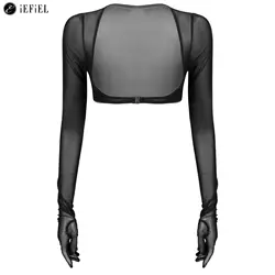 Women's See-Through Mesh Long Sleeve Open Front Crop Tops Bolero Gloves Ultra Thin Cropped Shrug Blouse Clubwear