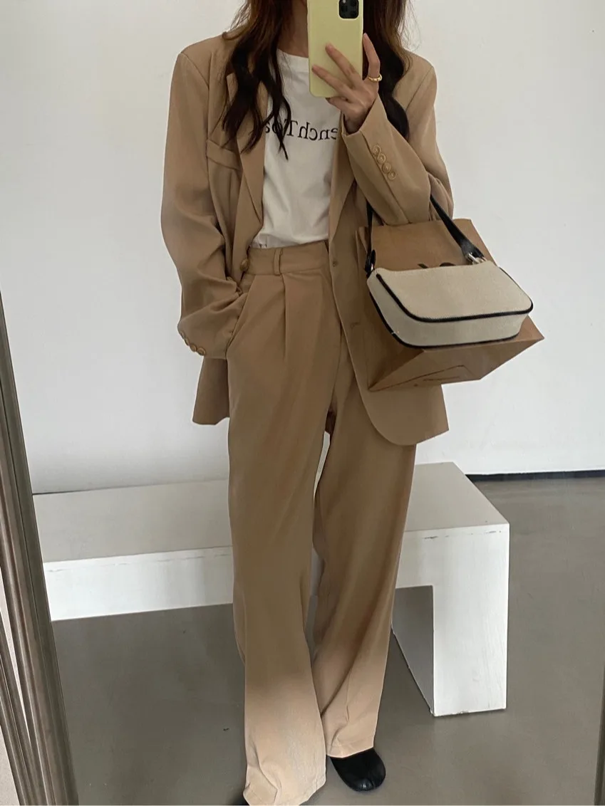 

Spring Vintage Loose Fit Suit Jaet High Waist Slimming Floor Length Wide Leg Pants Women's Faion Outerwear Two Piece Set