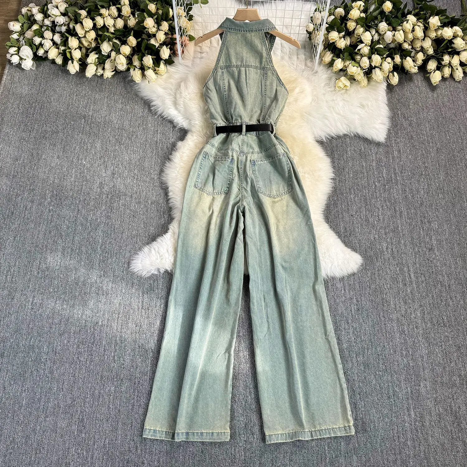 2025 ฤดูร้อนสไตล์ใหม่อารมณ์แขนกุด DENIM Romper,แฟชั่นผู้หญิง Street บุคลิกภาพสูงเอวยาวขากว้าง Jumpsuit