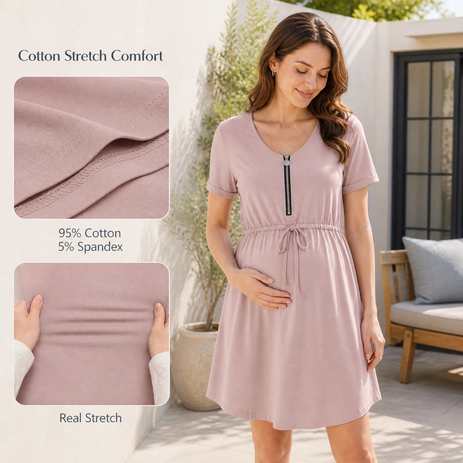 Maternity Nursing Short Sleeve Dress Front Zipper Nursing Opening Adjustable Waist A-Line Pregnancy Dress with Pockets